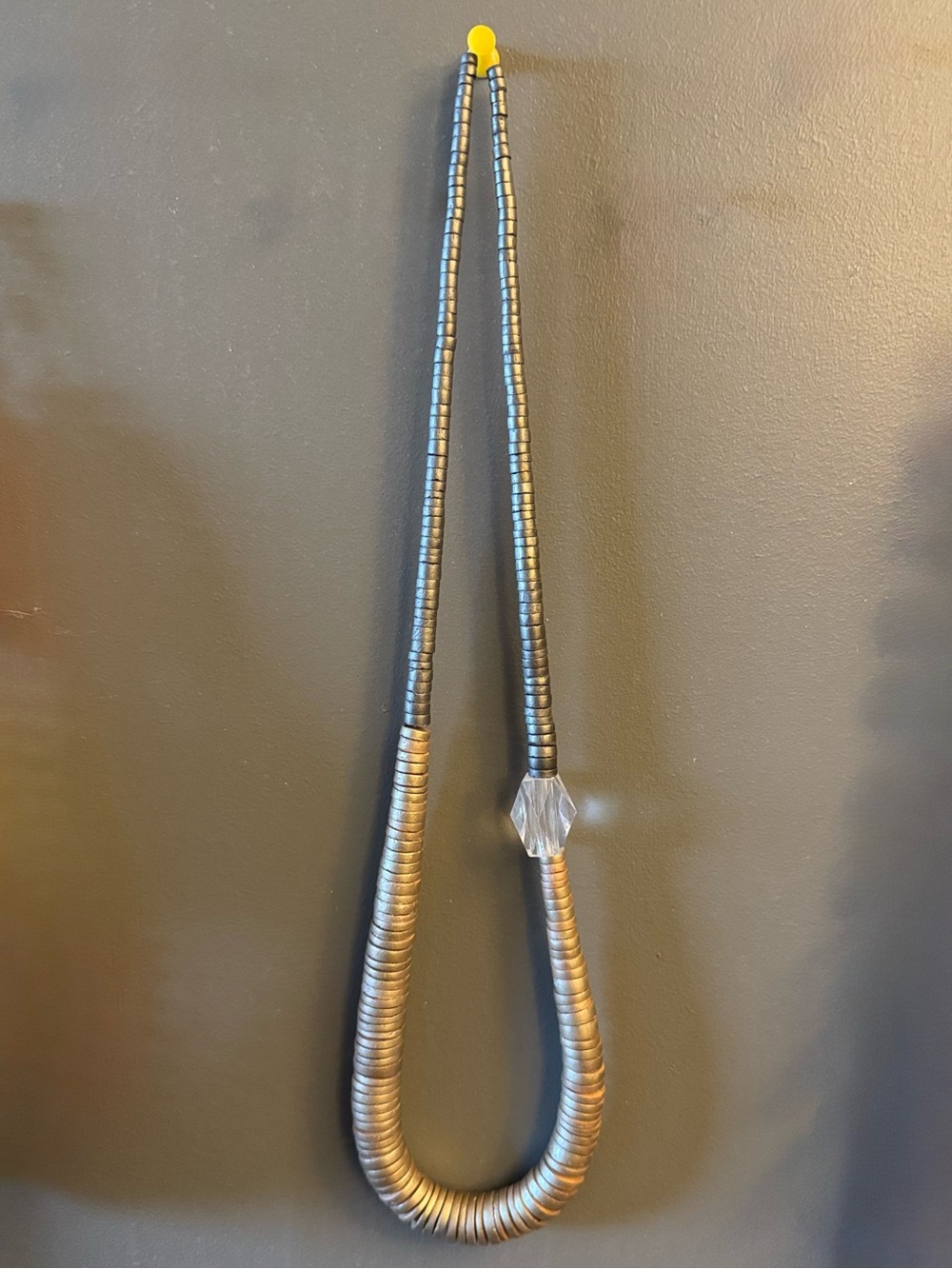 Handmade Gray and Gold Wood Bead Necklace with Crystal like Accent Bead